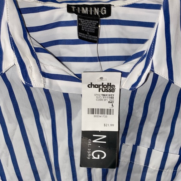 Blue and White Striped Button Up Crop Shirt - Picture 3 of 5